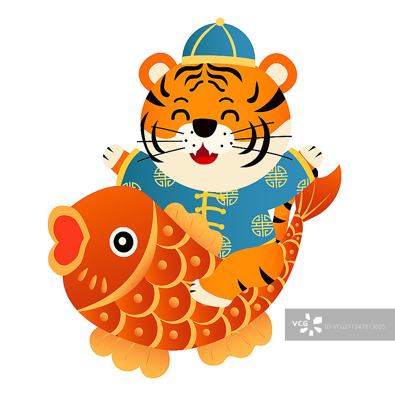 坐在金鱼上的老虎矢量插画图片素材
