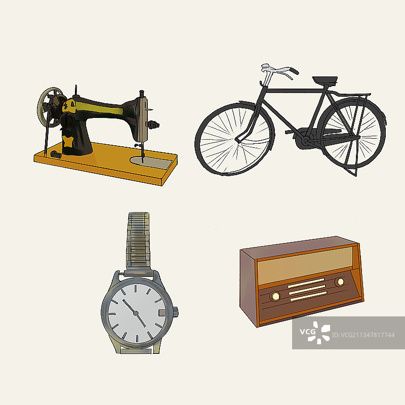 80年代结婚三转一响老物件追忆往事90年代回忆家庭背景插画图片素材