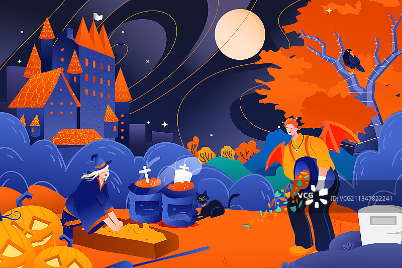 卡通女巫糖果购物节万圣节狂欢派对城堡鬼屋娱乐休闲渐变矢量插画图片素材