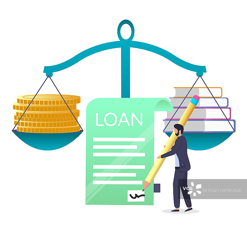 天平上的金钱和书籍，男人签署贷款图片素材