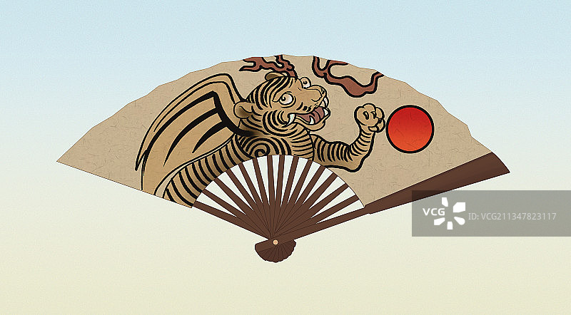 中国风仿古折扇老虎中国画水墨晕染做旧扇子虎年背景插画图片素材
