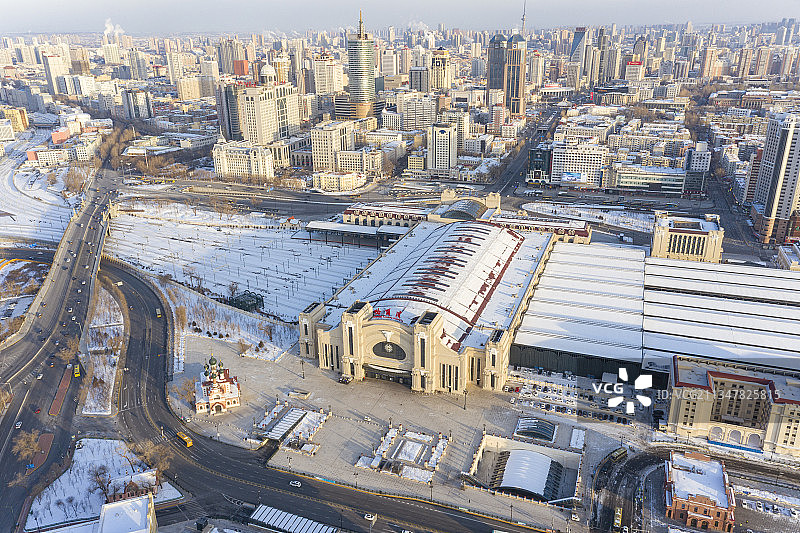 哈尔滨火车站北广场航拍视角图片素材
