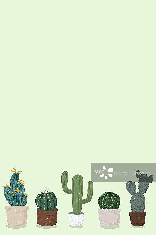 绿色背景可爱手绘风格仙人掌盆栽图片素材