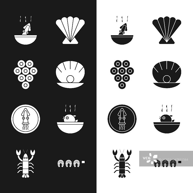 带珍珠贝壳、鱼子酱、汤和章鱼套装图片素材