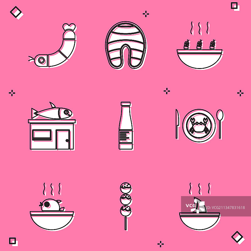 虾鱼牛排虾海鲜汤设置图片素材