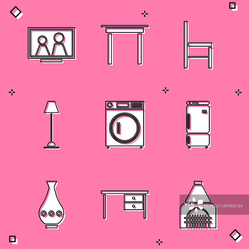 桌子、木椅和地板上的相框组合图片素材