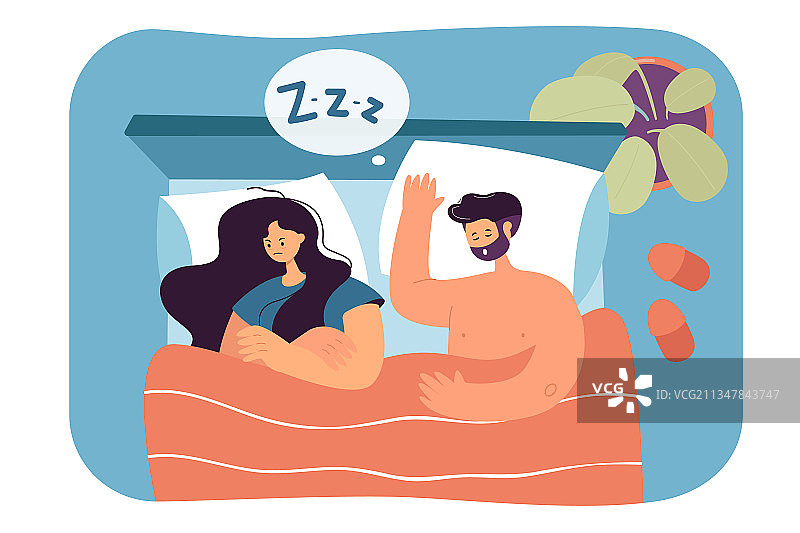 俯视角度的床上情侣扁平插画图片素材