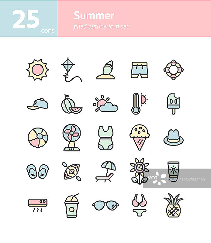 夏季填充轮廓图标集图片素材
