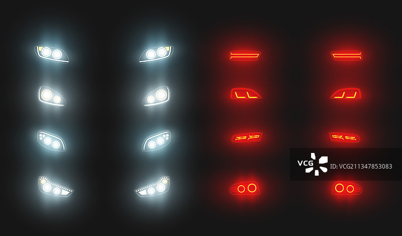 逼真的汽车前LED灯和后LED灯合集图片素材
