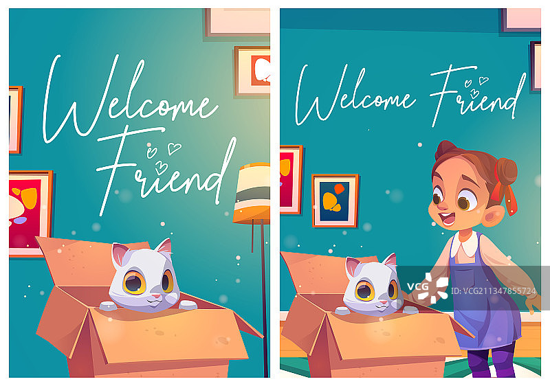 盒子里的猫和女孩的欢迎朋友海报图片素材