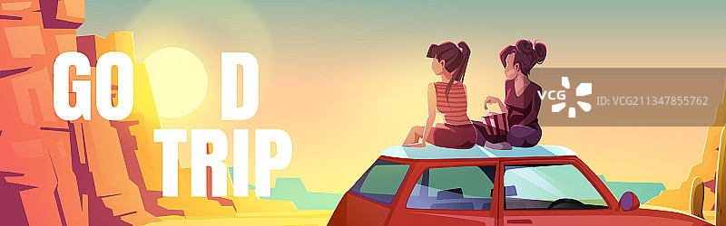 沙漠中坐在车顶的女孩们poster图片素材