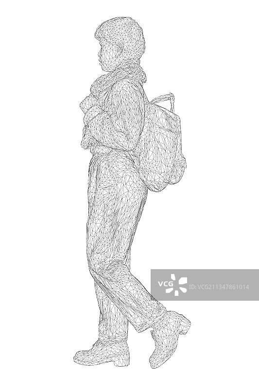 背着背包走路的年轻女孩线框图片素材