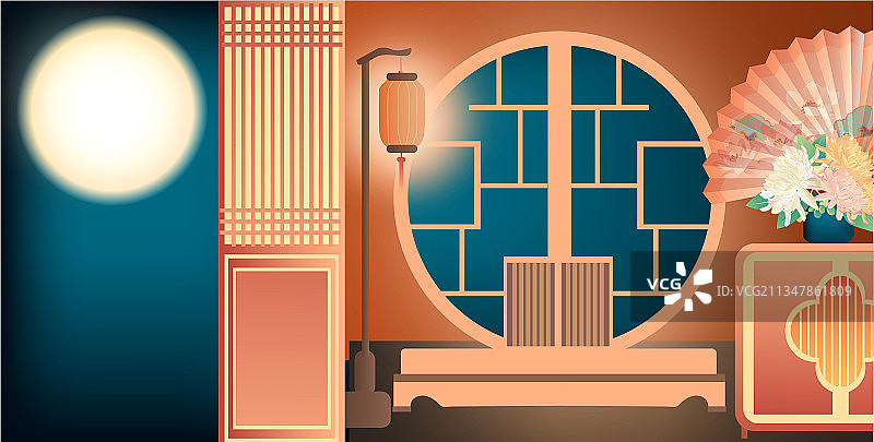 中秋节中式家居背景的室内场景矢量插画图片素材