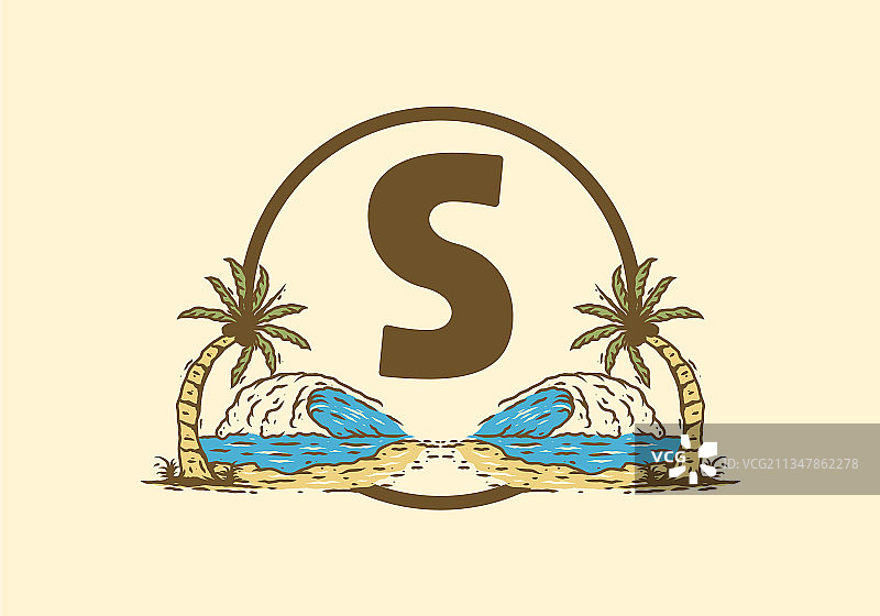海浪和椰子树线条艺术绘画，带S图片素材