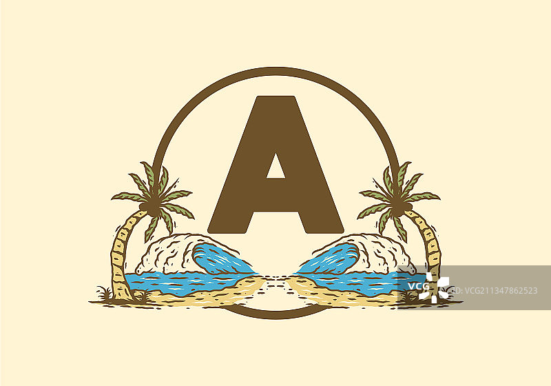 海浪椰树线条画图片素材