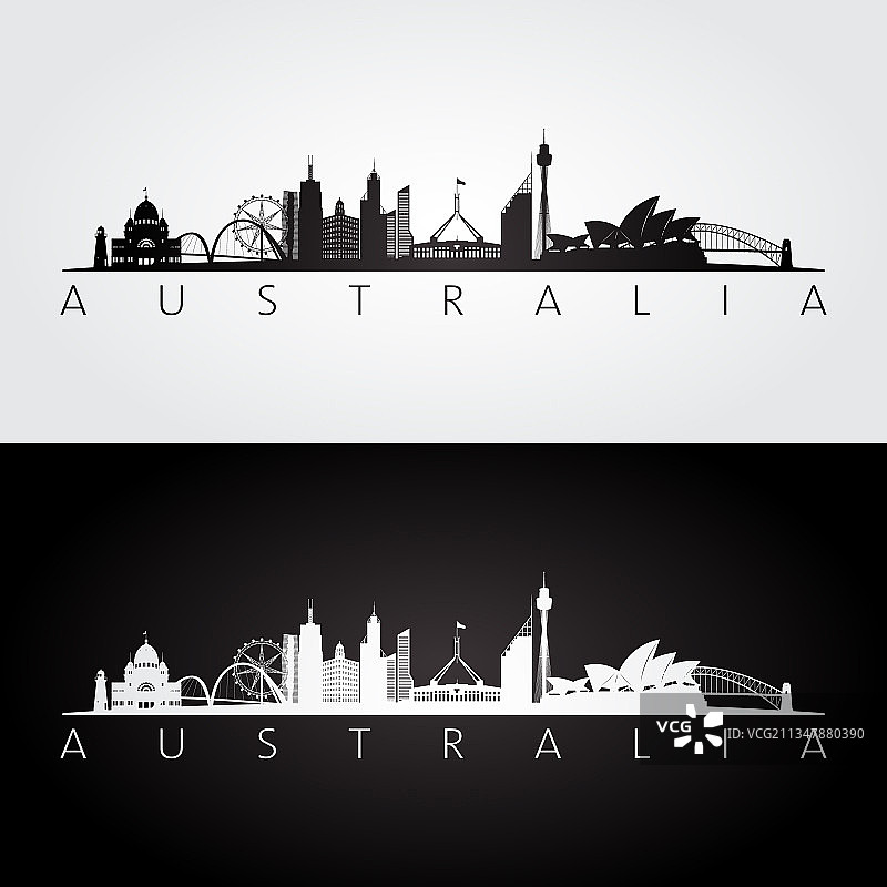 澳大利亚天际线和地标轮廓剪影图片素材