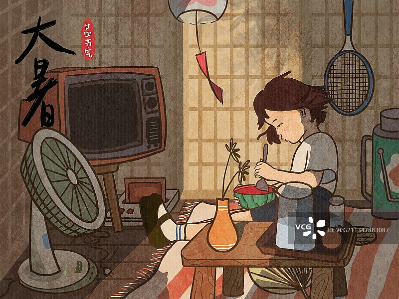 大暑小女孩在室内吃西瓜图片素材