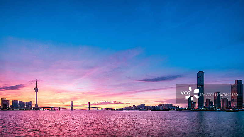 澳门-珠海横琴金融岛滨水城市天际线日出晨曦图片素材