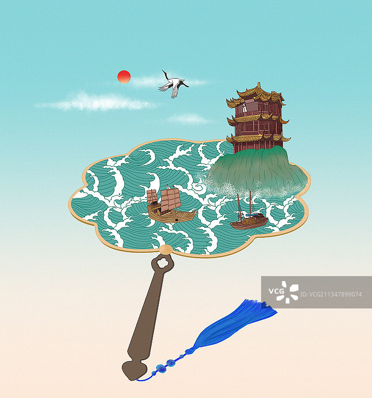 中国风山水画中国画青绿山水武汉黄鹤楼意境帆船背景节气插画图片素材