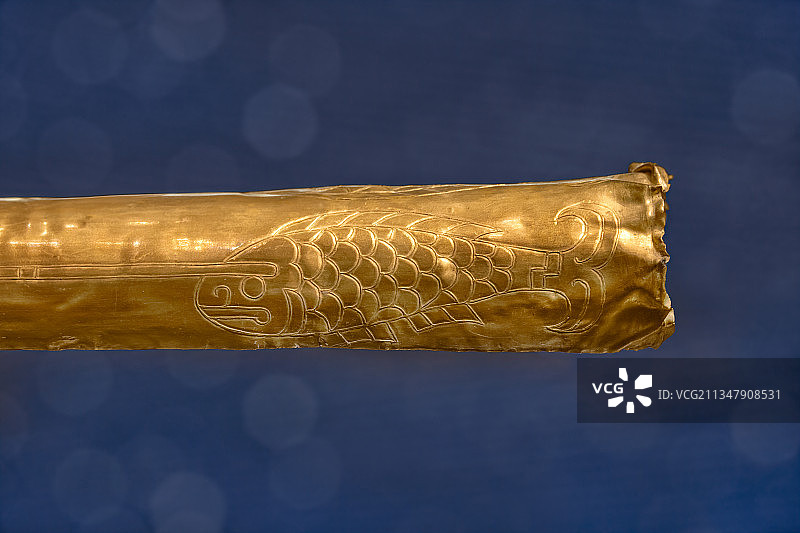 禁止出国展览文物，三星堆出土商代金杖，成都市广汉三星堆博物馆图片素材
