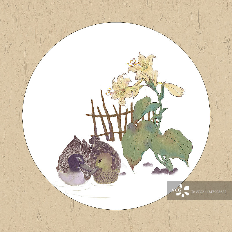 两只鸭子和玉簪花的装饰画图片素材