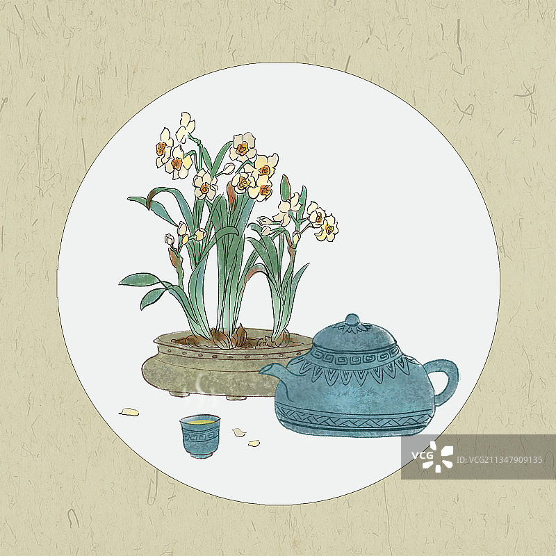 水仙花和一壶热茶图片素材