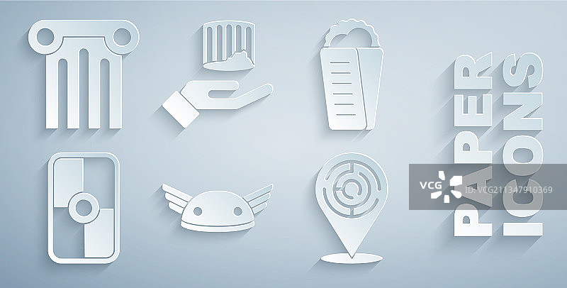 带翅膀的头盔、陀螺仪、皮塔饼和希腊盾牌合集图片素材