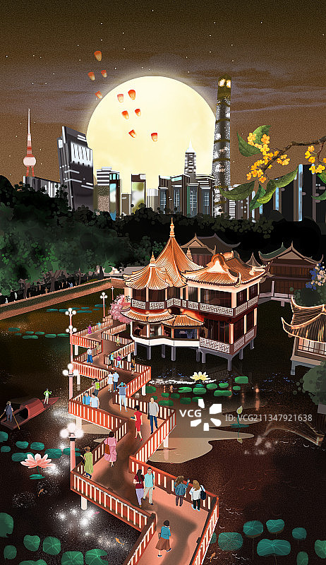 豫园中秋夜 暖色版图片素材
