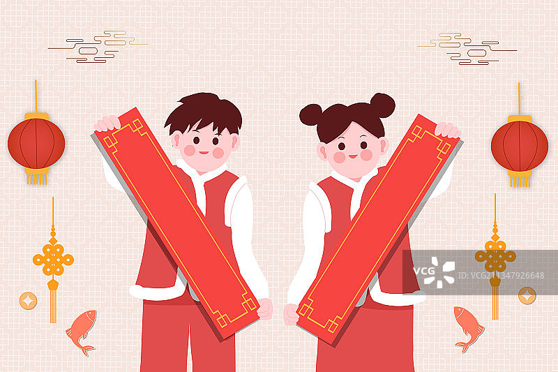 新年手拿空白对联的男女矢量插画图片素材