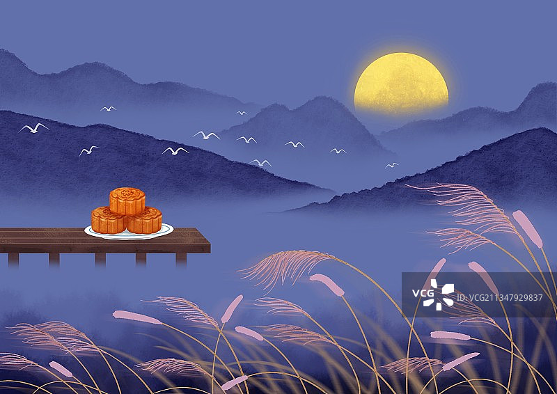 插画,月亮,中秋节,月饼,河流,飞鸟,满月,山川,赏月,古典图片素材