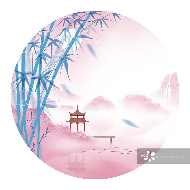 插画,古亭,竹子,竹叶,粉色,中国文化,自然美,非都市风光,图片素材