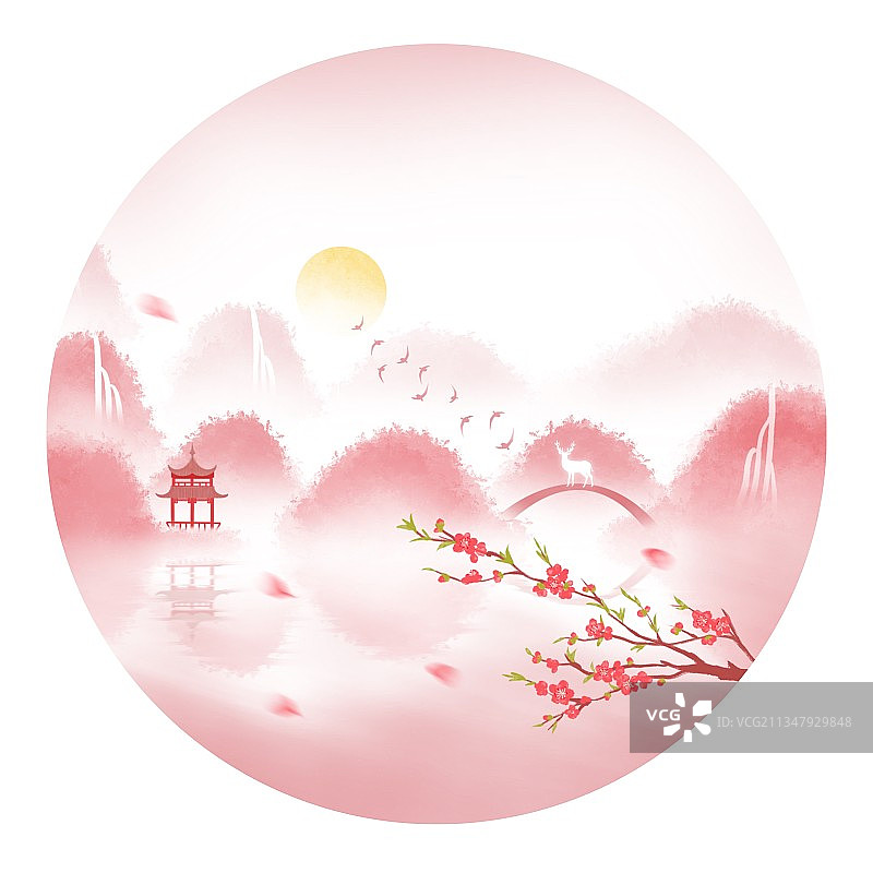 插画,古亭,桃花,鹿,飘落,粉色,中国文化,自然美,非都市风图片素材