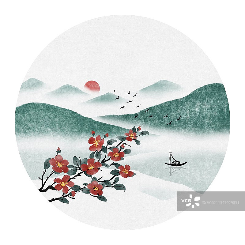 插画,红日,船,山茶花,中国文化,自然美,非都市风光,户外,图片素材