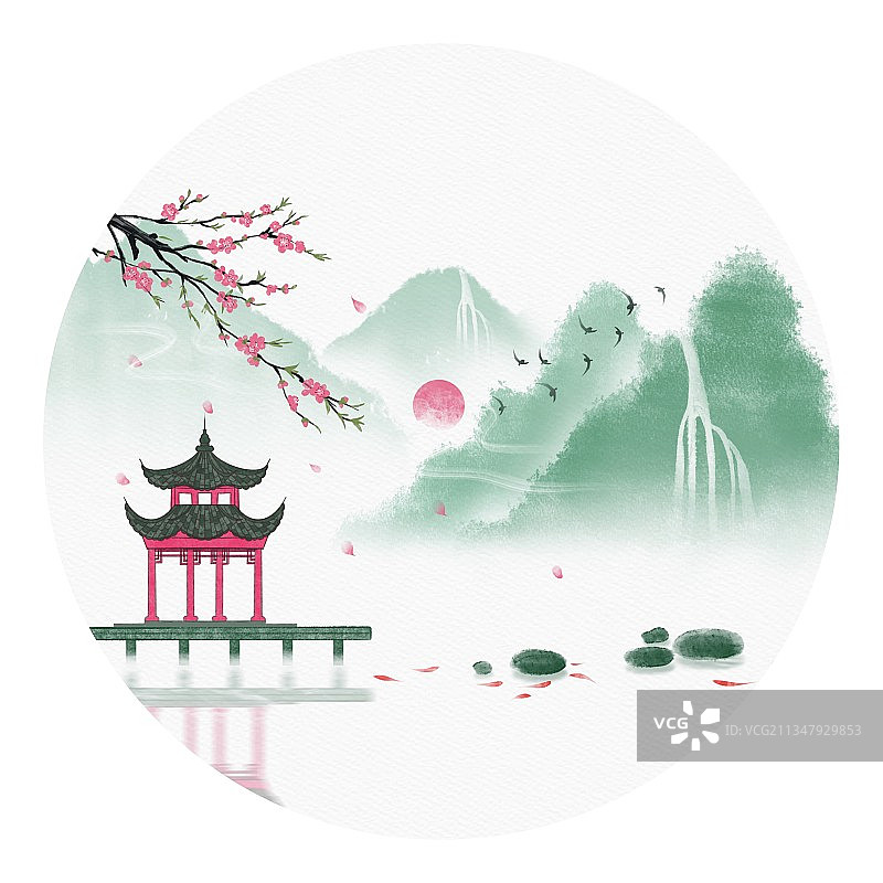 插画,古亭,桃花,飘落,池塘,鱼绿色,红日,中国文化,自然美图片素材