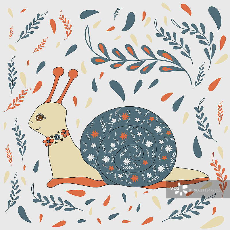 带有鲜花树枝元素的可爱的卡通蜗牛图片素材