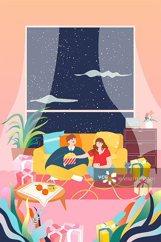 一对年轻人坐在沙发前开心吃爆米花矢量插画竖图图片素材