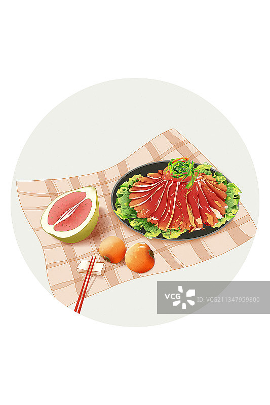 秋天习俗之吃柚子柿子和牛肉图片素材