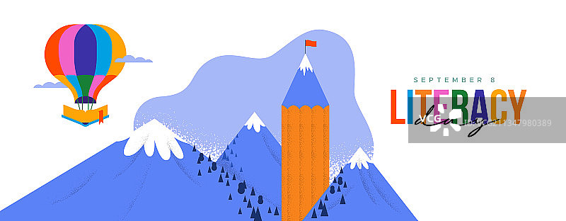 国际扫盲日贺卡：铅笔、书本、山景图片素材