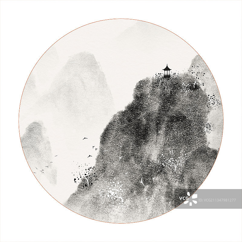 水墨山水风景圆形构图图片素材
