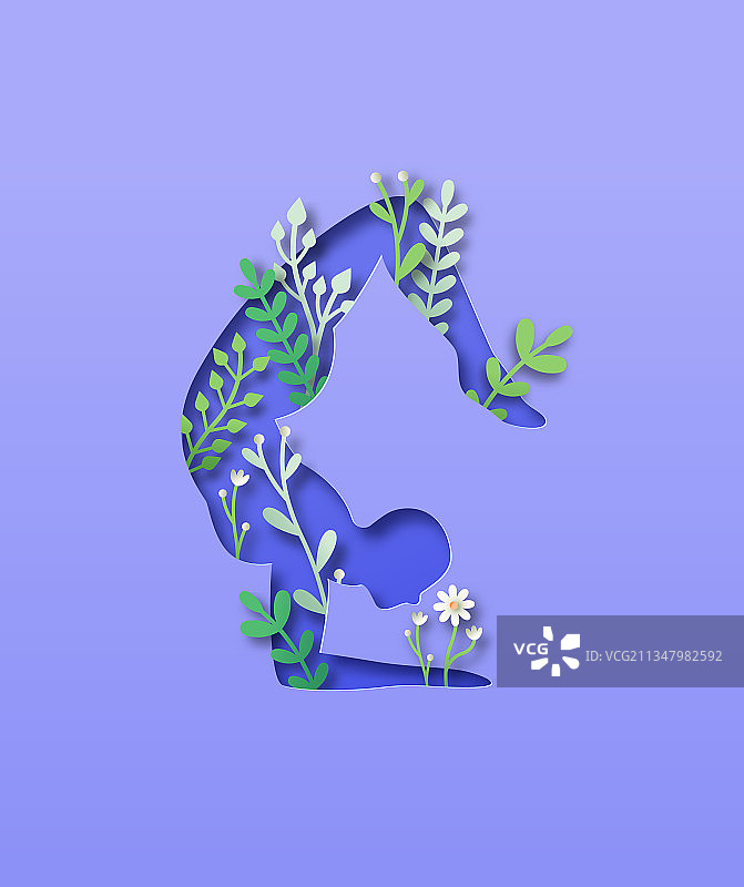 剪纸瑜伽身体姿势树叶剪纸图片素材