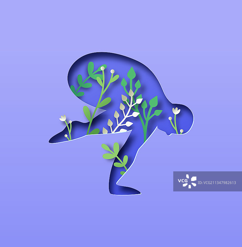 纸艺瑜伽仙鹤式与树叶剪纸图片素材