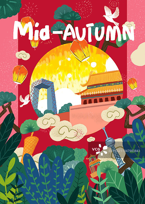 国庆节中国天安门植物建筑祥云手绘插画海报图片素材