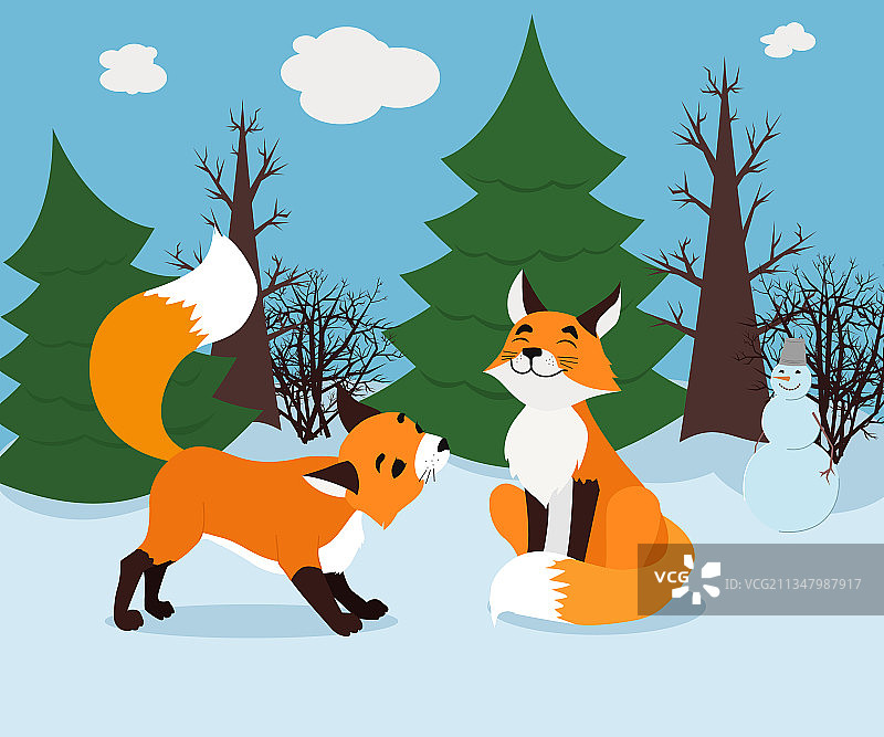 两只在冬日森林中玩耍的可爱狐狸图片素材