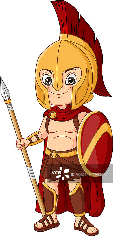 卡通斯巴达战士男孩，持矛和盾图片素材