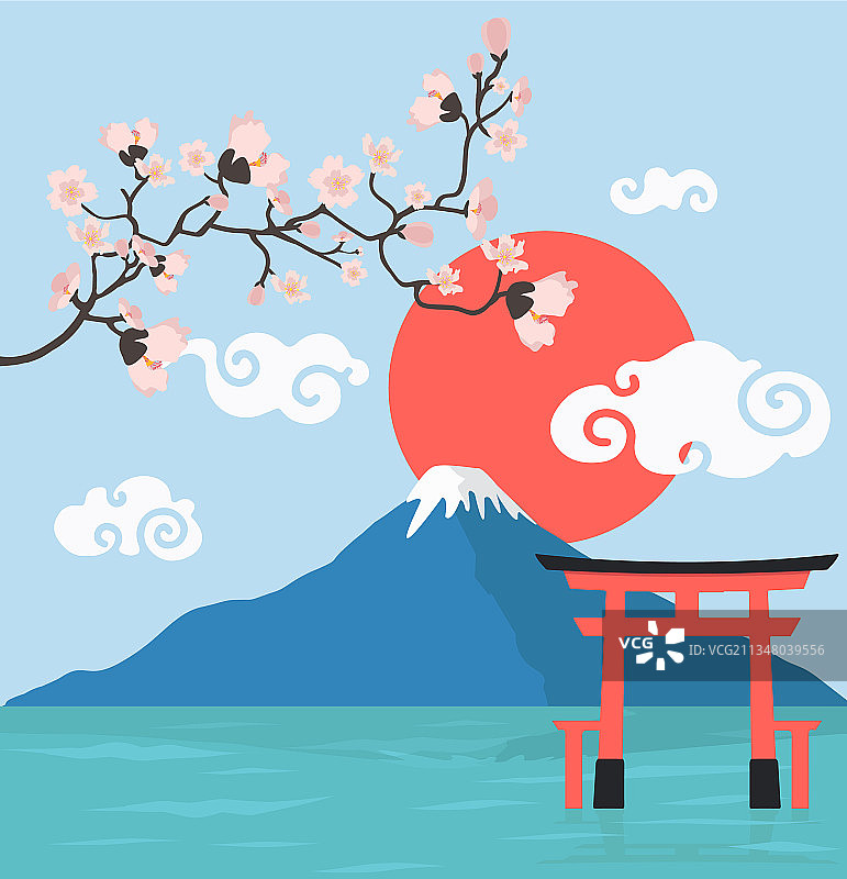 粉色花卉枝条、富士山与鸟居图片素材