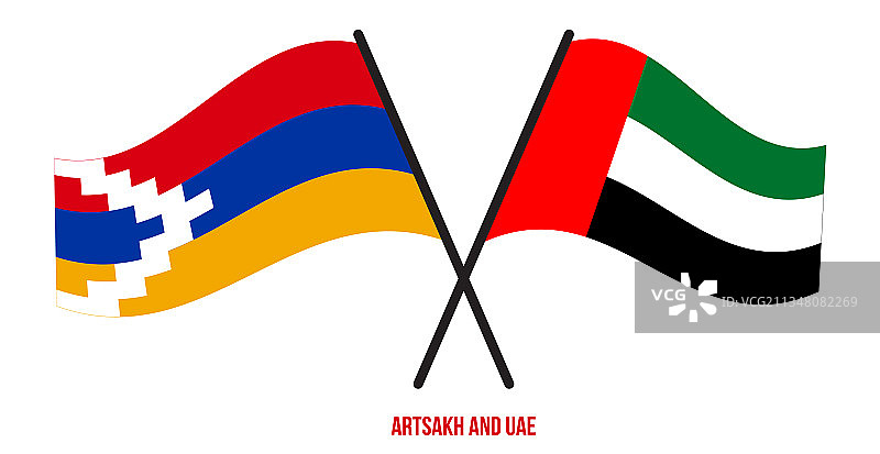 纳戈尔诺-卡拉巴赫和阿联酋国旗交叉挥舞平面图图片素材