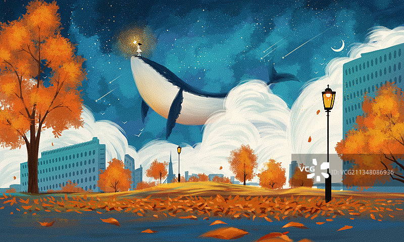 女孩站在鲸鱼上摘星星梦幻插画图片素材