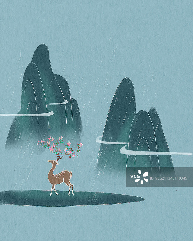 山间一只梅花鹿装饰插画竖幅图片素材