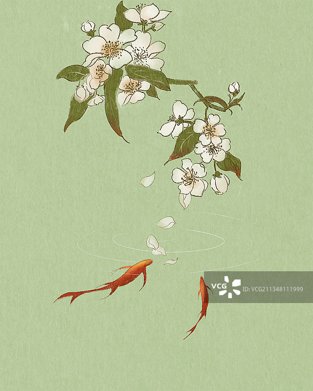 梨花下游过两条鱼装饰插画图片素材