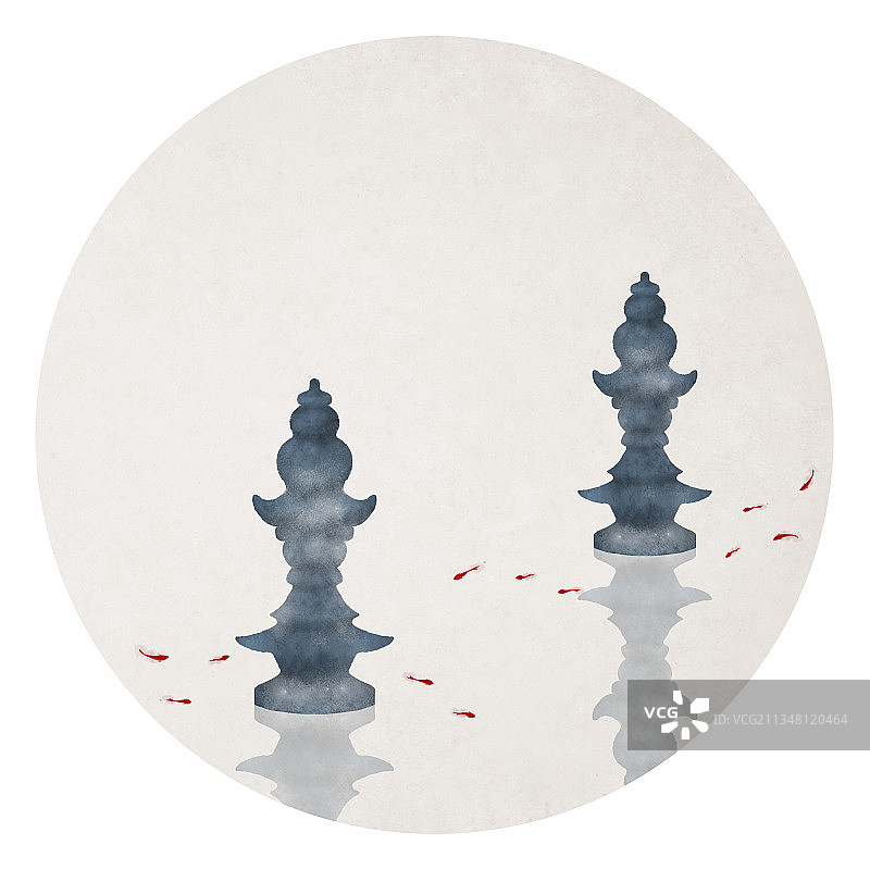 圆形中式池塘河灯鱼插画图片素材